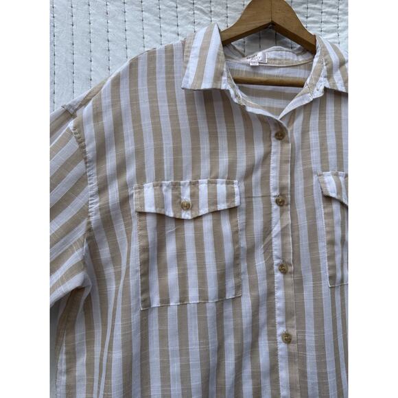 Dizzy Lizzy Striped Shirt Dress Button Up Tan & White Lightweight Cover Up Large - Picture 2 of 5